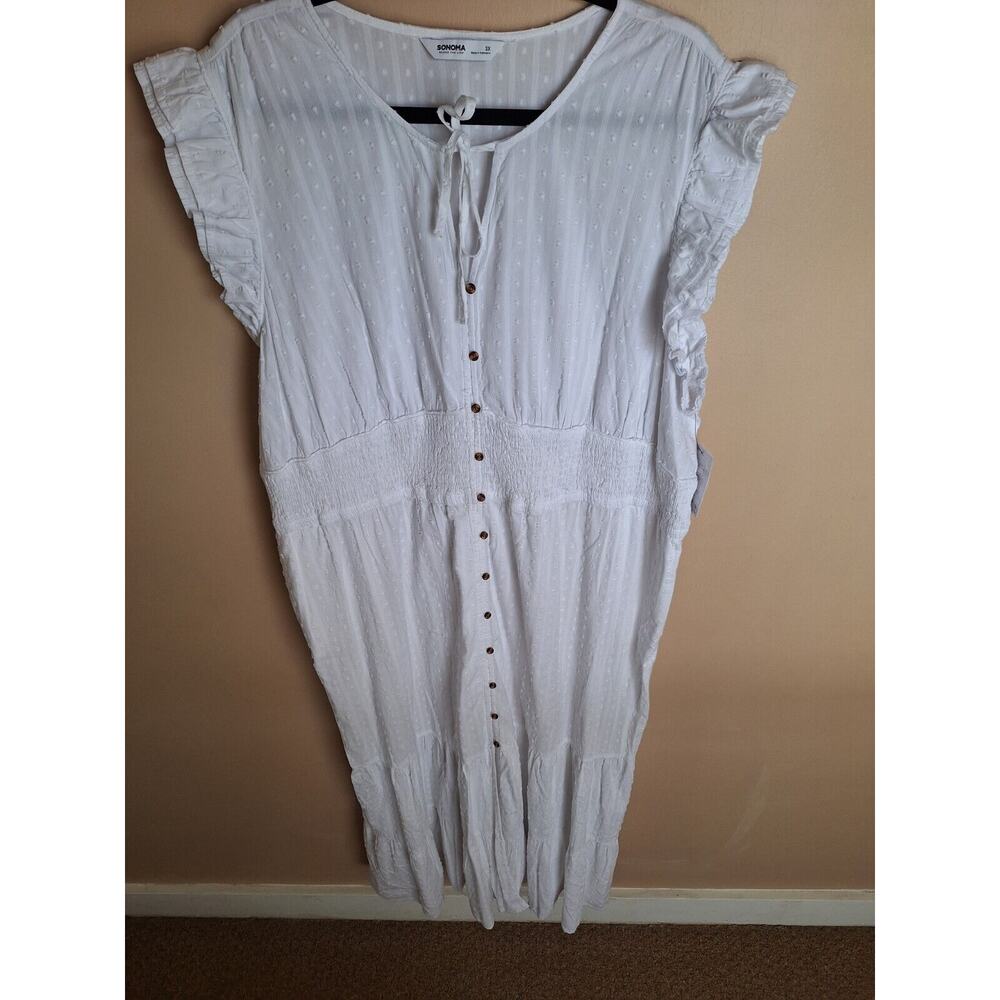 Sonoma Womans 3x White Coastal Swiss Dot‎ Button Up Tiered Maxi Sun Dress